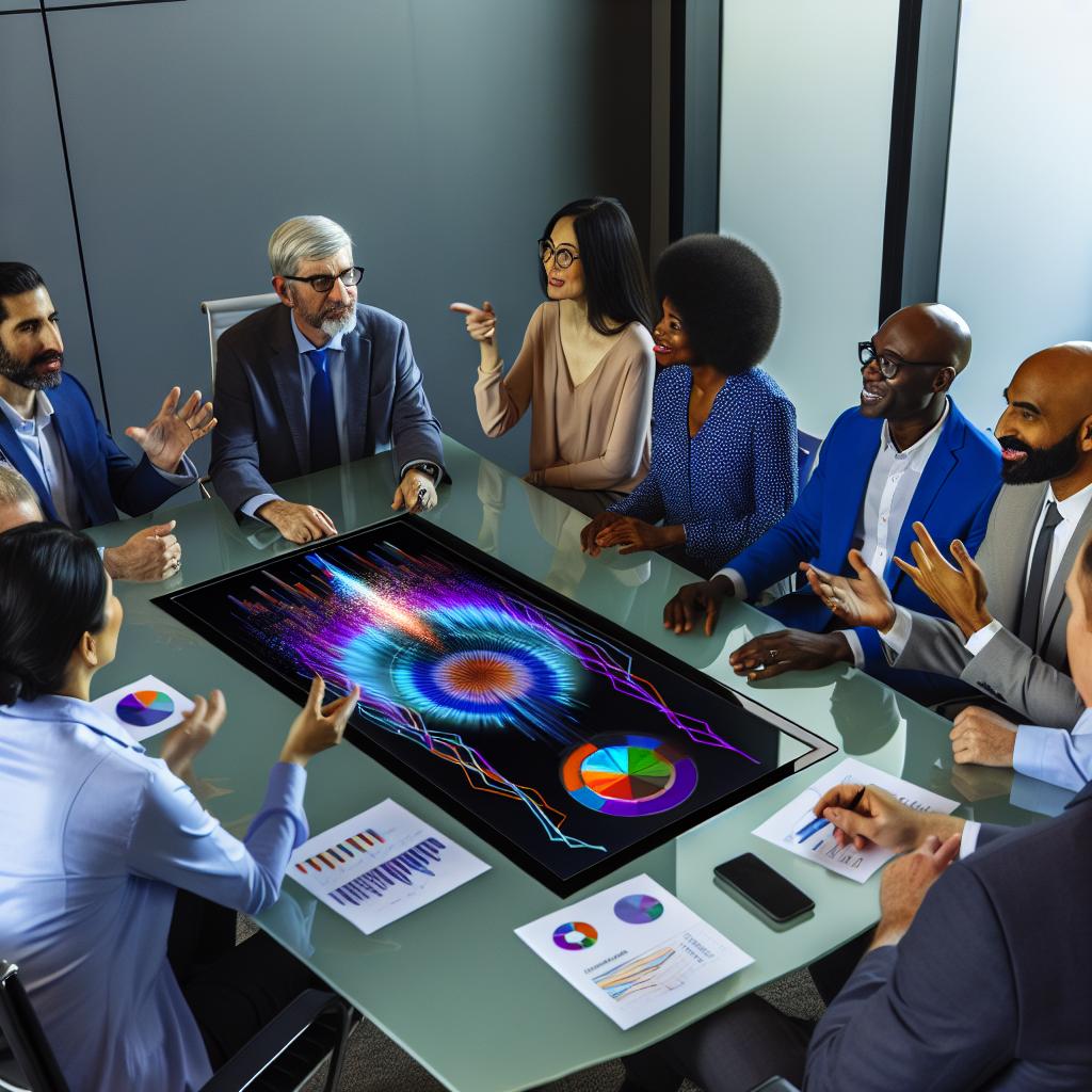 A group of tech executives sitting around a conference table, discussing recruitment strategies on a digital screen displaying graphs and data analytics.