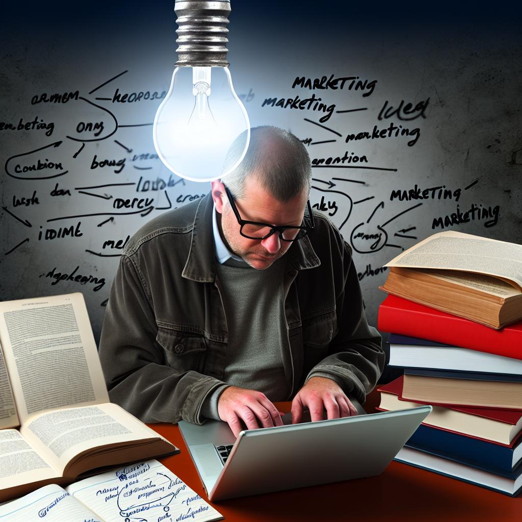 A person typing on a laptop with multiple tabs open, surrounded by marketing books and notes, with a lightbulb symbolizing ideas above their head.